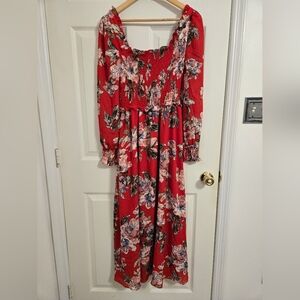 Chelsea Red Floral Maxi Dress Smocked Long Sleeves Size Small
